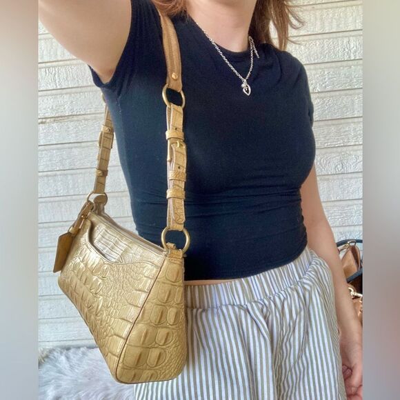 BRAHMIN Tan Croc Embossed Hobo Baguette Shoulder Bag Java Asher Melbourne Elisa - Picture 6 of 14